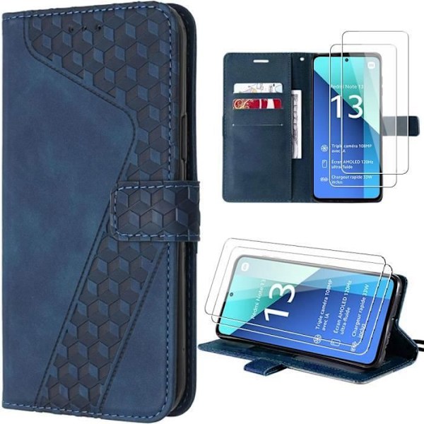 Hölster - E.F.Connection - för Xiaomi Redmi Note 13 4G - lädereffekt - med 2 härdade glas - marinblå marinblå