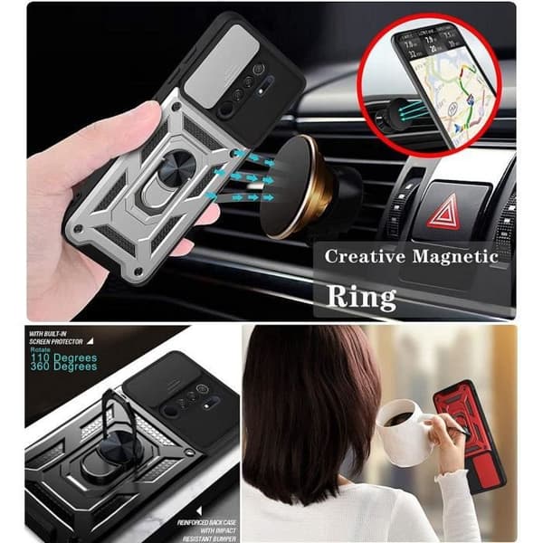 Skyddsskal - E.F.CONNECTION - För Redmi 9 - Härdat glas - Ringstöd - Silverfärgad Silver