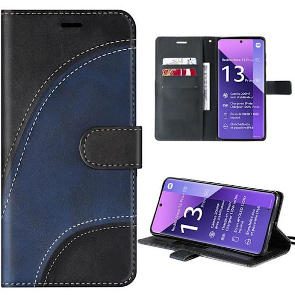 Etui til Xiaomi Redmi Note 13 Pro+ 5G - Note 13 Pro Plus 5G, stødsikkert syntetisk læder med kortholder - Sort-Marineblå