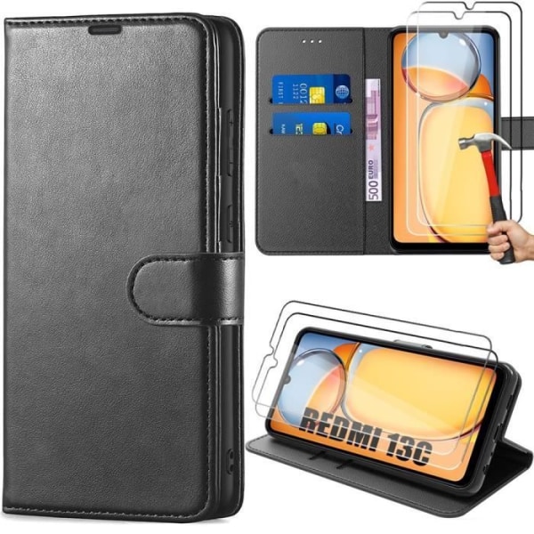 Fodral för Xiaomi Redmi 13C - Svart - Flip Case - PU-läder - Stötsäker - 2 Härdat glas Svart