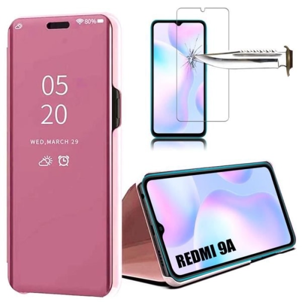 Etui til Redmi 9A (6,53") med hærdet glasspejleffekt Tanlucent vinduesforstærket beskyttelse Pink rosa