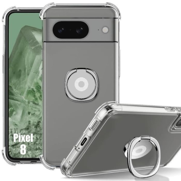 Fodral till Google Pixel 8 - Stötsäkert Transparent Silikonskydd med Silver Ring Support Klar, Silver