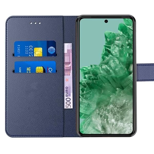 Fodral - Google - Pixel 8 Pro - PU-läder - 2 härdat glas - Full skydd marinblå