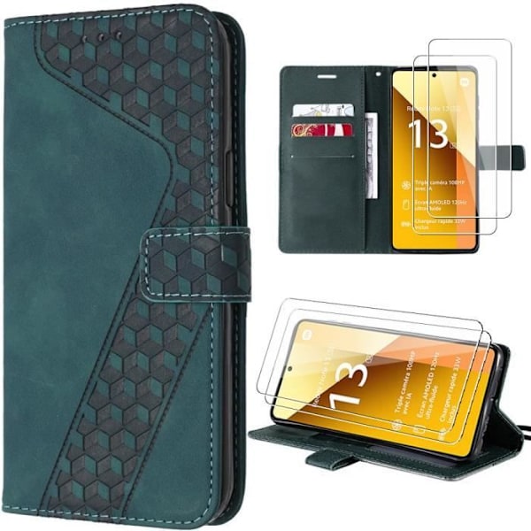 Fodral för Xiaomi Redmi Note 13 5G - Nattgrön - PU-läder - Magnetisk stängning - 2 härdade glas Nattgrönt