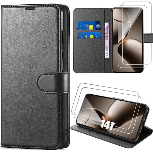 Coque + 2 Tåliga Glas för Xiaomi 14T, Stötskydd Anti-Scratch Syntetiskt Läder Svart Svart