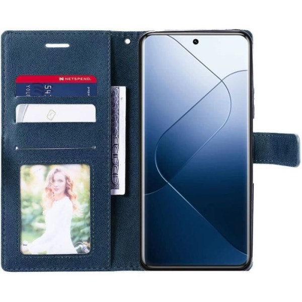 Etui til Xiaomi 14 Pro med 2 hærdede briller, etui med retro lædereffekt med kortpladser og stativfunktion, marineblå marinblå
