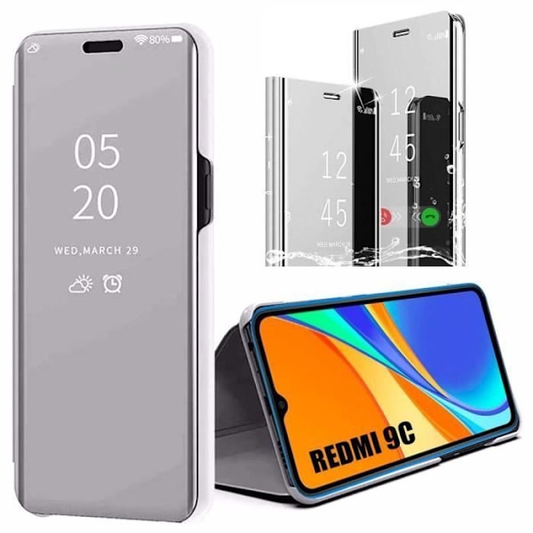 Skyddsfodral för Redmi 9C - E.F.CONNECTION - Silver - Spegeleffekt - Stötsäker - Högmotståndstranslucent fönster - Härdat glas silver