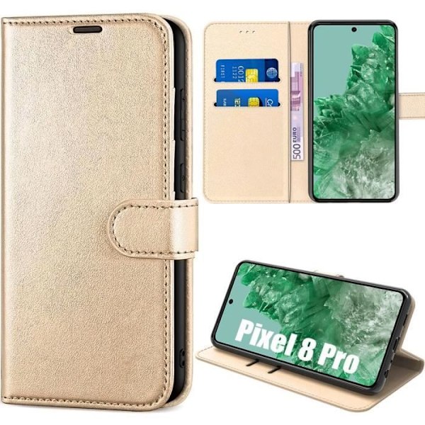 Heltäckande fodral för Google Pixel 8 Pro - Guldlädereffektskydd med stativ och korthållare