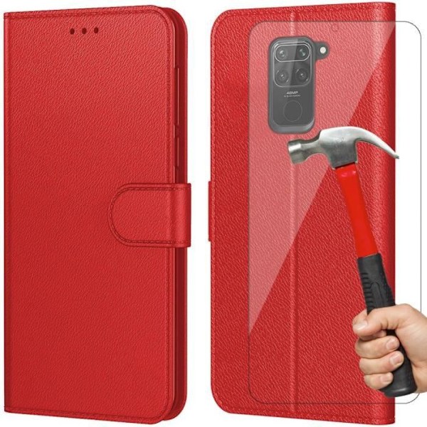 Set med 2 härdade glasögon + fodral för Redmi Note 9 (6,53") Röd 360 graders skydd Anti-Shock Anti-Scratch Lädereffekt Röd