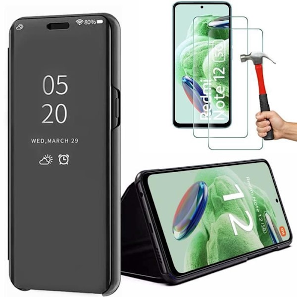 2 hærdede briller + etui til Xiaomi Redmi Note 12 5G sort fuld anti-ridse elegant spejl 360° beskyttelse