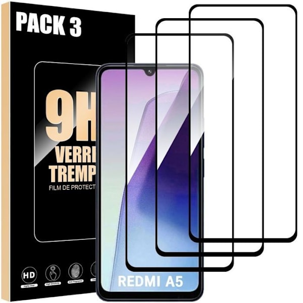 Helglass til Xiaomi Redmi A5 4G, Pakke med 3 sorte ridse-resistente stødabsorberende glas Transparent