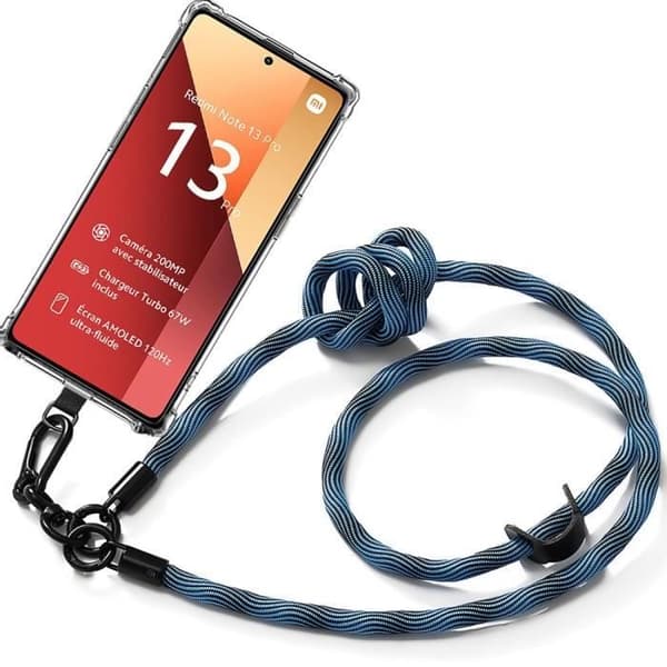 Coque för Xiaomi Redmi Note 13 Pro 4G - Transparent silikon - Stötbeständig skydd - Avtagbart snöre Blå