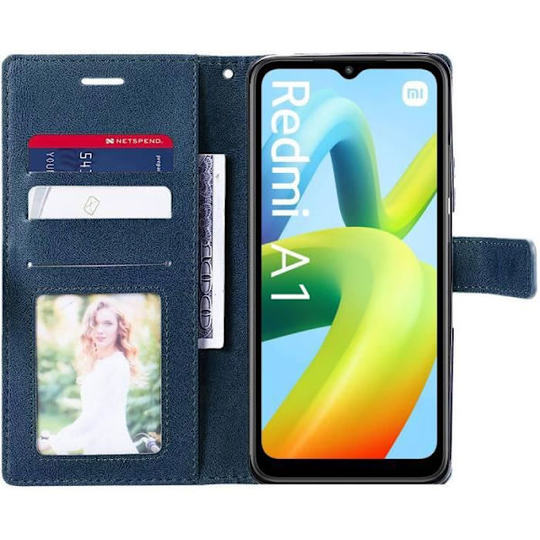 Förpackning med 2 härdade glasögon med skydd för Redmi A1/A2 - Marinblått PU-läderfodral