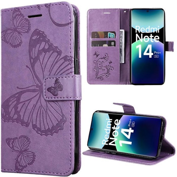 Coque til Xiaomi Redmi Note 14 Pro Plus 5G/Note 14 Pro+ 5G, Beskyttelse Effekt Læder Motiv Sommerfugl - Lilla Lila