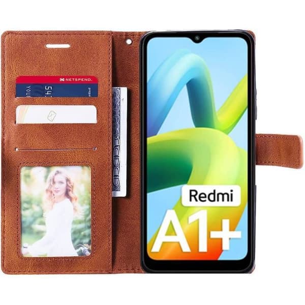 Fodral för Xiaomi Redmi A1+/A2+ / A1 Plus/A2 Plus med 2 härdade glasögon, brunt lädereffektskydd