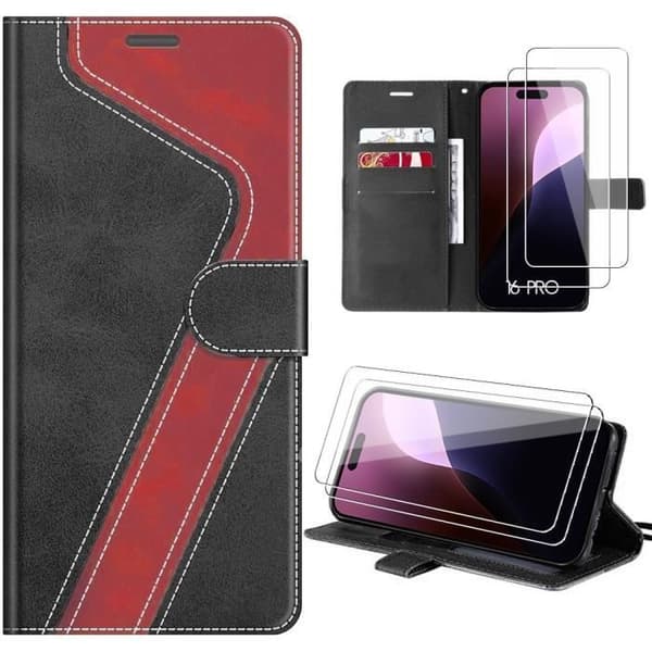 Coque - E.F.CONNECTION - för iPhone 16 Pro - Syntetiskt läder - Stötsäker - Multifunktionell röd svart