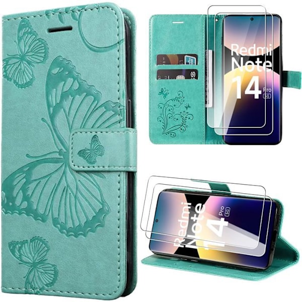 Skydd + 2 Härdat Glas för Xiaomi Redmi Note 14 Pro 5G (inte för 4G) Mönster Fjäril Syntetiskt Läder Grön Grön