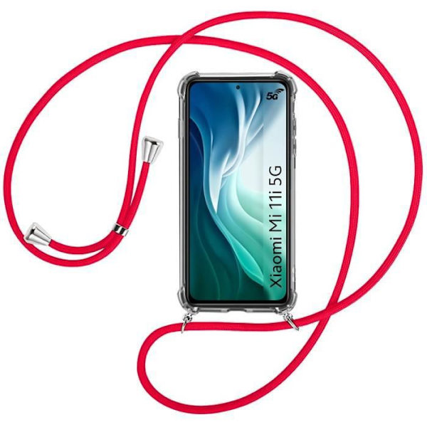 Etui til Xiaomi Mi 11i (6,67") TPU tynd gennemsigtig, forstærket hjørnebeskyttelse med halskæde, rød ledning transparent-röd