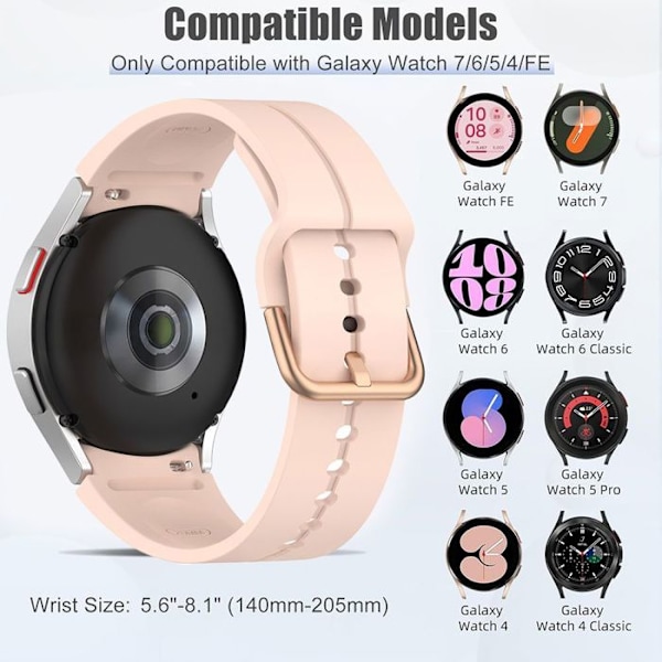 Armbånd til Samsung Galaxy Watch 7/6/5/4/3 40mm 42mm 44mm Galaxy Watch 5 Pro 45mm - Justerbar blødt silicone - Lyserød Rosa