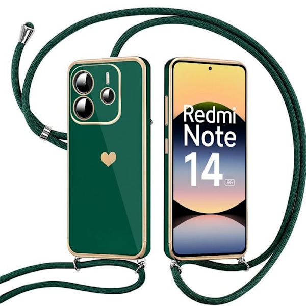 Cover til Xiaomi Redmi Note 14 5G (ikke til 4G) TPU Stødabsorberende Hjerte Mønster med Rem - Nat Grøn Nattgrönt