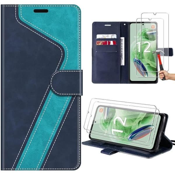 Coque - E.F.CONNECTION - För Xiaomi Redmi Note 12 5G - Skydd Effekt Läder - 2 Härdat Glas - Kortficka Blå