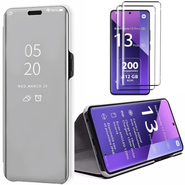 Fodral + 2 härdade glasögon för Xiaomi Redmi Note 13 Pro+ 5G - Note 13 Pro Plus 5G, Smart Fodral Clear View med stöd, Silver