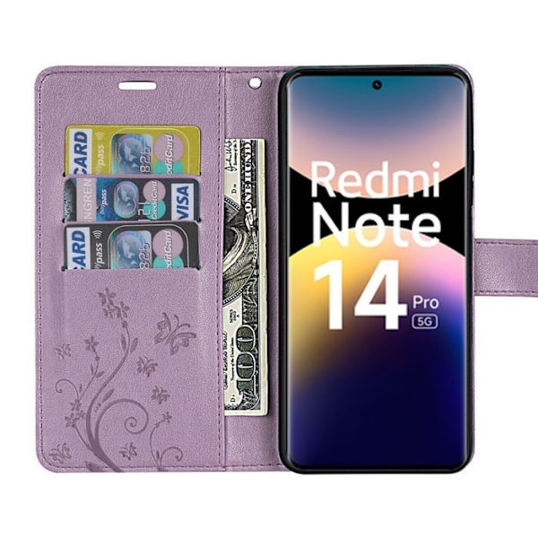 Coque för Xiaomi Redmi Note 14 Pro 5G (inte för 4G) Skrapskydd PU-läder Blommönster Fjäril - Lila Lila