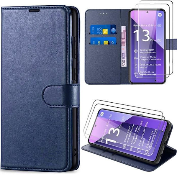 Etui til Xiaomi Redmi Note 13 Pro+ 5G - Note 13 Pro Plus 5G, marineblå, stødsikkert PU-læder og TPU + 2 hærdede briller marinblå