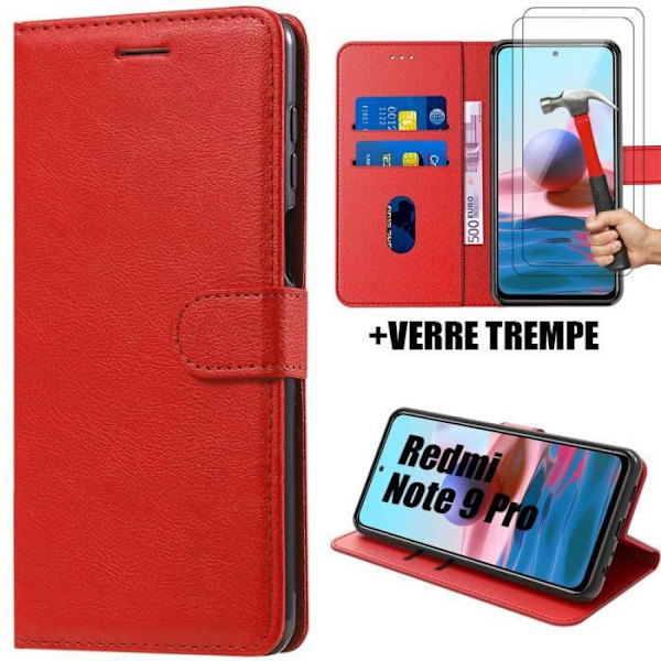 Coque och Härdade Glas - Redmi - Note 9 Pro/Note 9S - Röd - 360 Graders Skydd - Mjuk Läder Röd