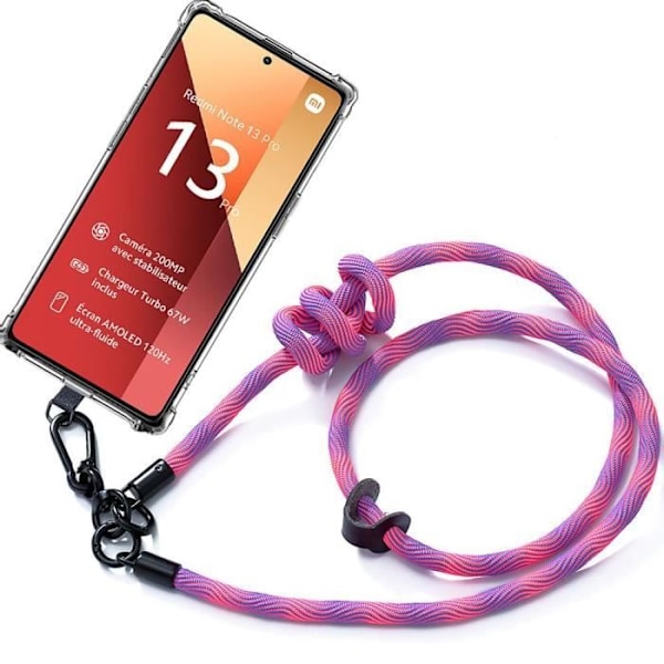 Lanyardfodral för Xiaomi Redmi Note 13 Pro 4G (ej för 5G), stötsäkert transparent silikon med avtagbar linsrosa