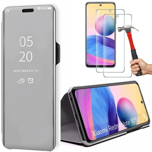 Förpackning 2 härdade glasögon + fodral för Redmi Note 10 5G (6,5") Silver Anti-Scratch Integral Anti-Shock Protection 360 graders reflexspegel