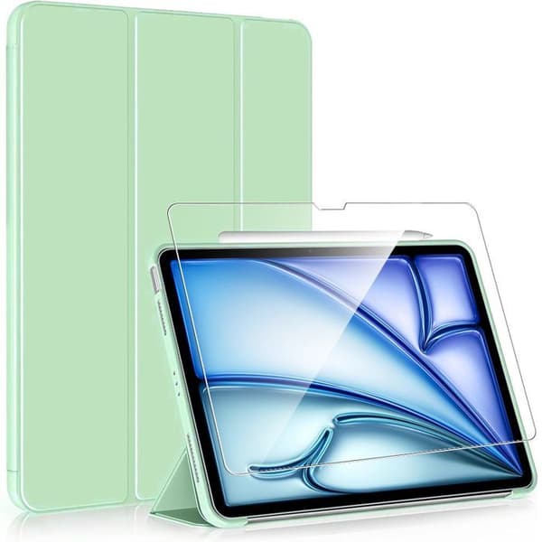 Coque + Härdat glas - för iPad Air 13 tum - Grön - Stötsäker - Fällbart stativ - Sömn/Väckning Grön