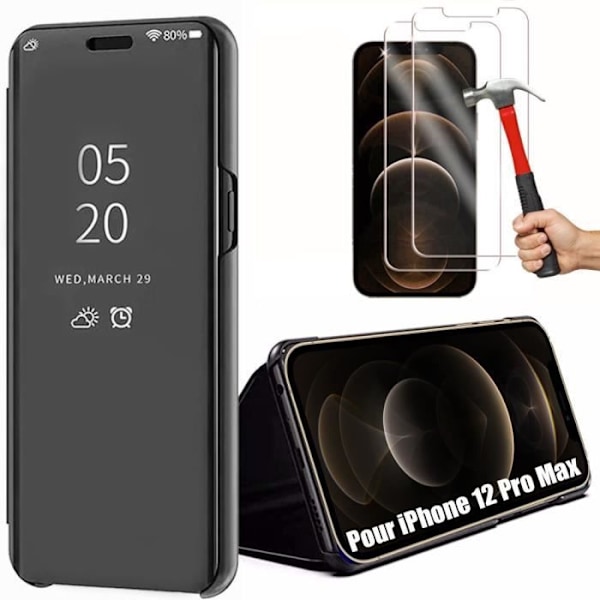 Beskyttelsescover til iPhone 12 Pro Max - E.F.CONNECTION - Hårdt - Miroireffekt - Sort - 2 Hærdede Glas Svart
