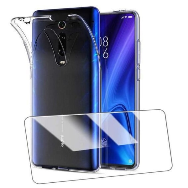 Fodral för Xiaomi Mi 9T/Mi 9T Pro + skärmskydd i härdat glas, mjukt genomskinligt fodral Silikon TPU stötfångare skyddsöverdrag