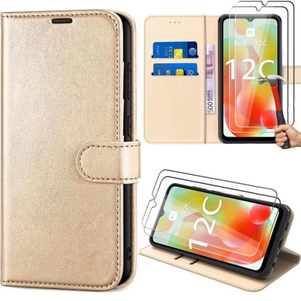 2 härdade glasögon + fodral för Xiaomi Redmi 12C-11A Integral Anti-Scratch Syntetiskt Läder Guld