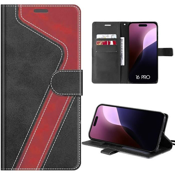 Cover til iPhone 16 Pro - Flip Cover Syntetisk læder Rød-Sort Anti-ridse Stødsikker