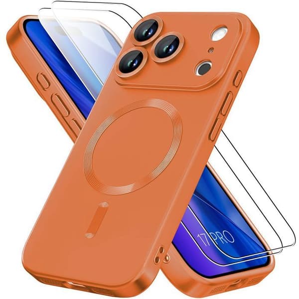Silikonfodral - E.F.Connection - för iPhone 17 Pro - med Orange Magnetcirkel - 2 Härdat Glas Orange
