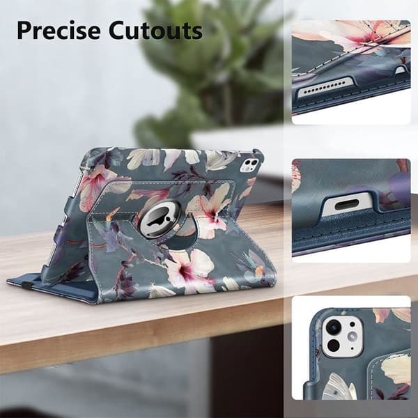 Coque + Härdat Glas - E.F.Connection - för iPad Pro 11" - Stötsäker - Rotera 360° - Blommönster Blå, rosa, vit