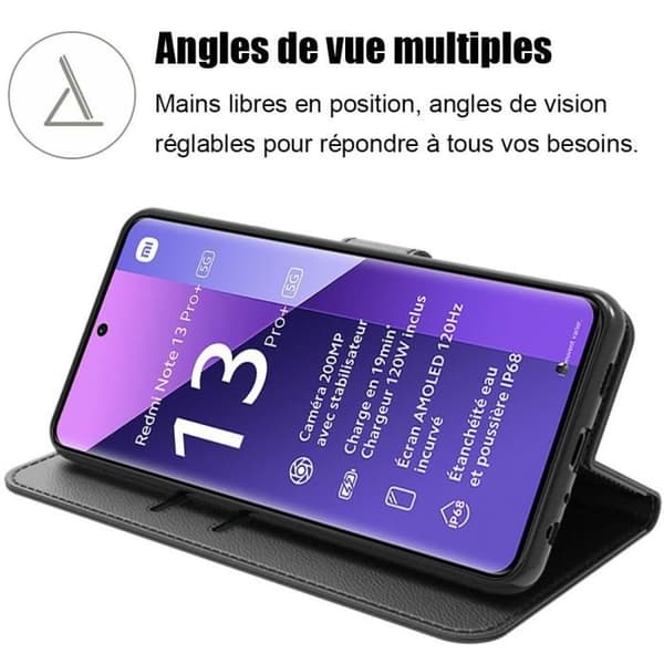 Coque - E.F.CONNECTION - för Xiaomi Redmi Note 13 Pro+ 5G - Stötsäker - PU-läder - Justerbart stöd Svart