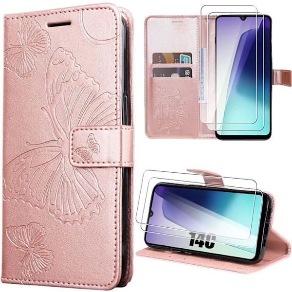 Coque til Xiaomi Redmi 14C - Elegant Butterfly Motif Læder Effekt Pink + 2 Tempered Glass Rosa