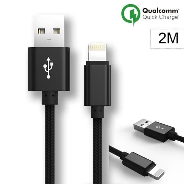 USB-kabel - E.F.CONNECTION - 2M - Nylon - Svart - Kompatibel med iPhone/iPad