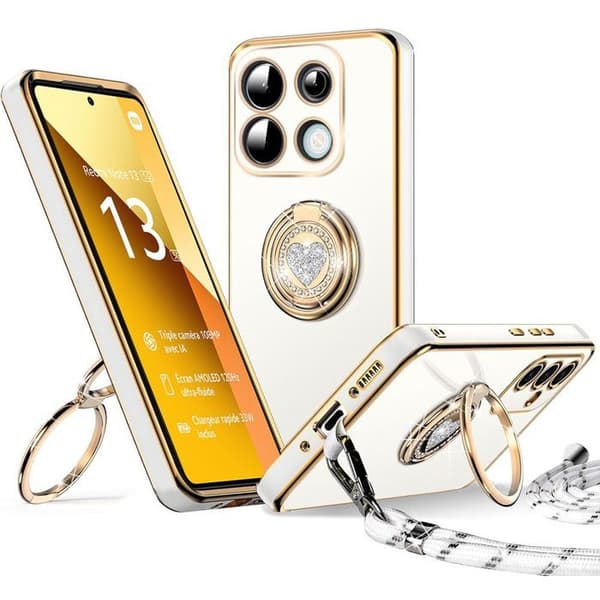 Skyddsskal för Xiaomi Redmi Note 13 5G - Mjuk silikon - Snodd - Rotationsring Vit