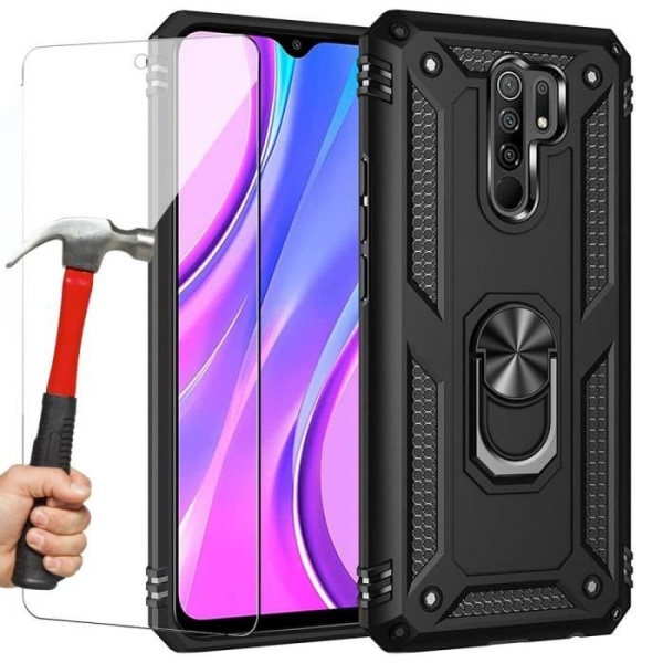 Fodral för Redmi 9 (6,53") med ring av härdat glas Metallfäste Silikonkant Metallplatta Baksida Elegant design Svart Svart