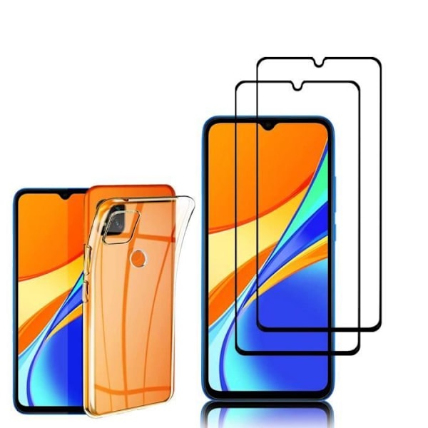 Til Xiaomi Redmi 9C- 9C NFC 6.53": UltraSlim gel silikone etui - TRANSPARENT + 2x farvede hærdet glasfilm - SORT