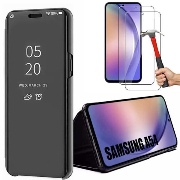 2 hærdede briller + etui til Samsung A54 Sort fuld anti-ridse elegant spejl 360° beskyttelse Svart