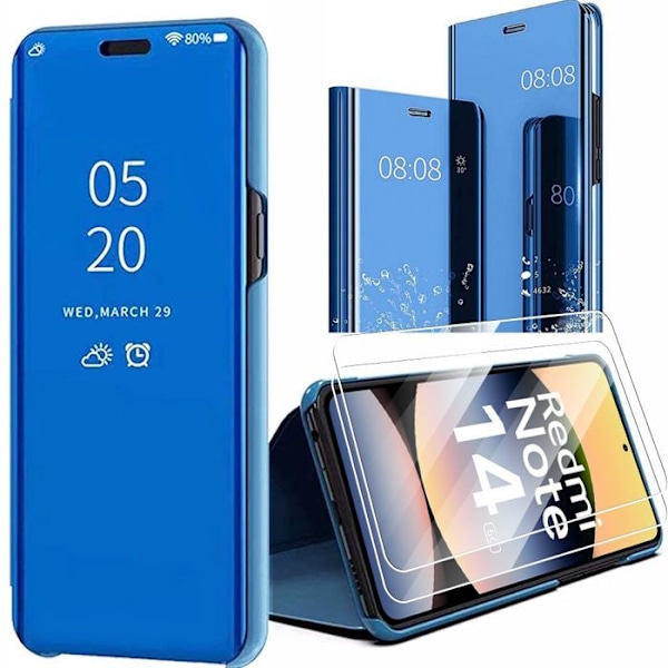 Coque + 2 Härdat Glas för Xiaomi Redmi Note 14 5G (inte för 4G) Skydd Framsidan och Baksidan Smart View Blå Blå