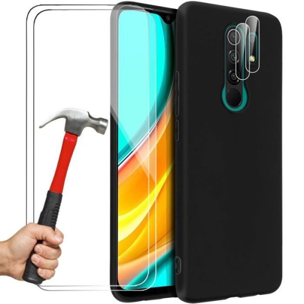 Etui til Redmi 9 Silicone Black + 2 hærdet glasskærm + 2 hærdet glas bagkamerabeskytter Svart, klar