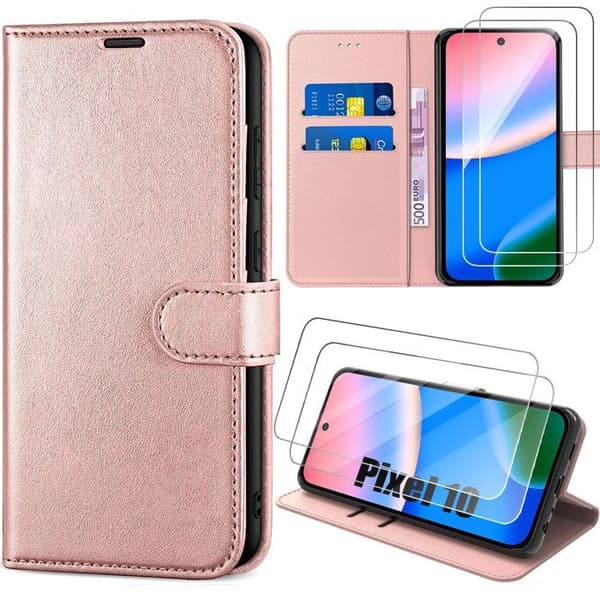 Coque Luxe - E.F.Connection - för Google Pixel 10 - Skydd Anti-Rip Anti-Chock Läder Effekt Rosa - 2 Glas Rosa