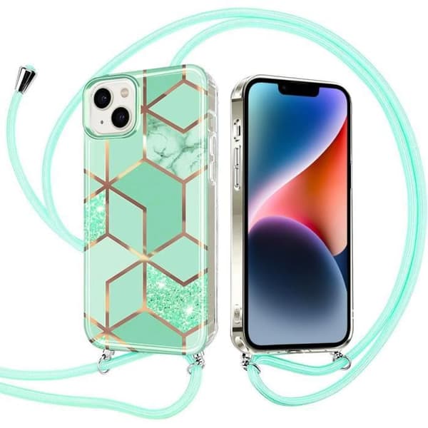 Skyddshölje - E.F.CONNECTION - för iPhone 14 - Marmor Turquoise-mönster - Stötsäker - Axelrem Turkos