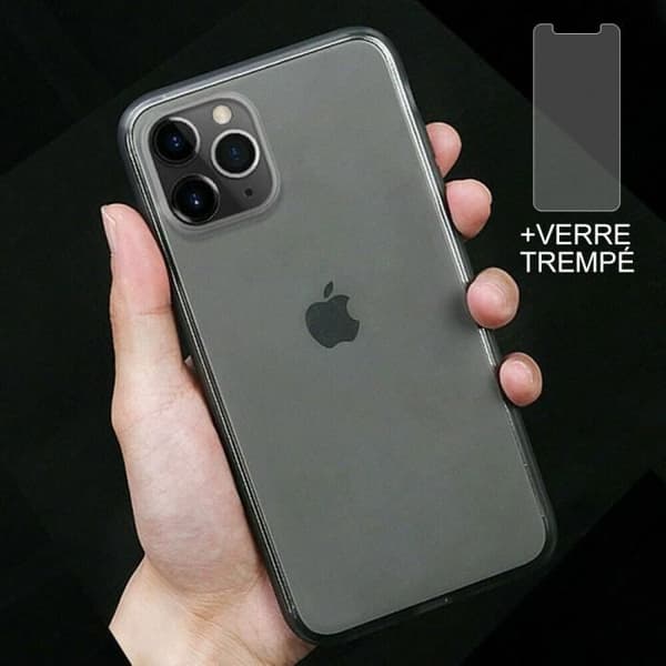 Coque och Härdat Glas - E.F.CONNECTION - för iPhone 12 Pro Max - Mjuk Silikon - Stötsäker - Halvtransparent Grå Grå